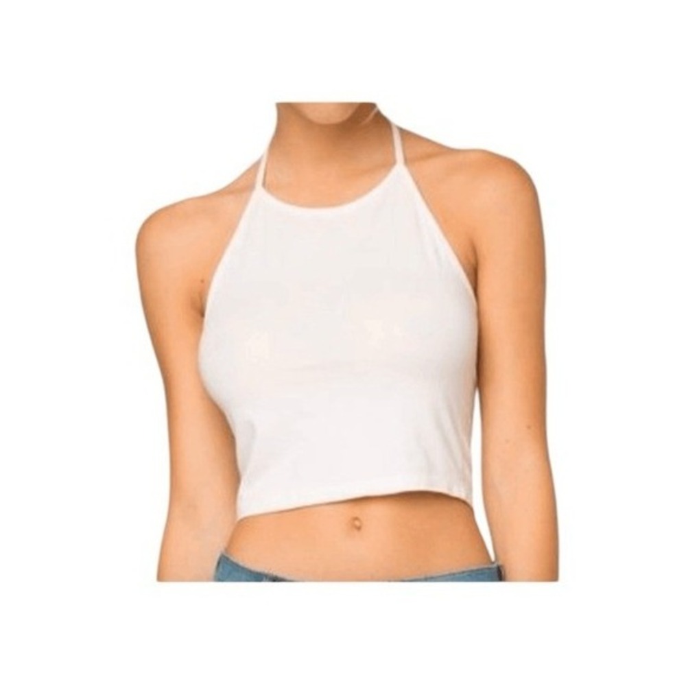 Brandy Melville Sachi Halter Top White Knit Tie Neck Low Cut Back OS